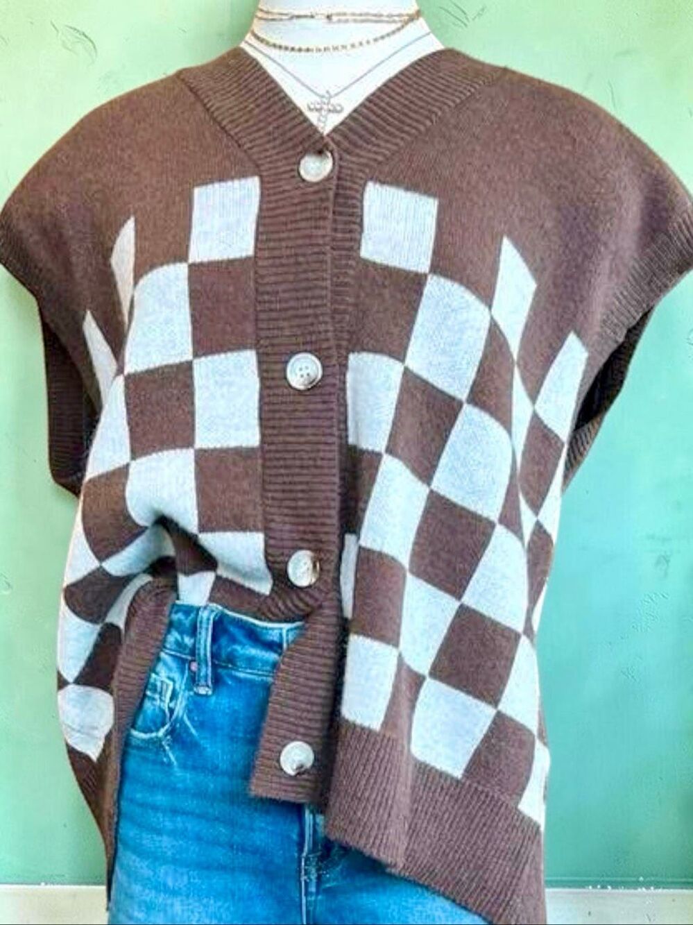 Annie Wear Brown Checkerboard Sweater Vest Button Front Knit Cardigan NEW - Picture 13 of 15